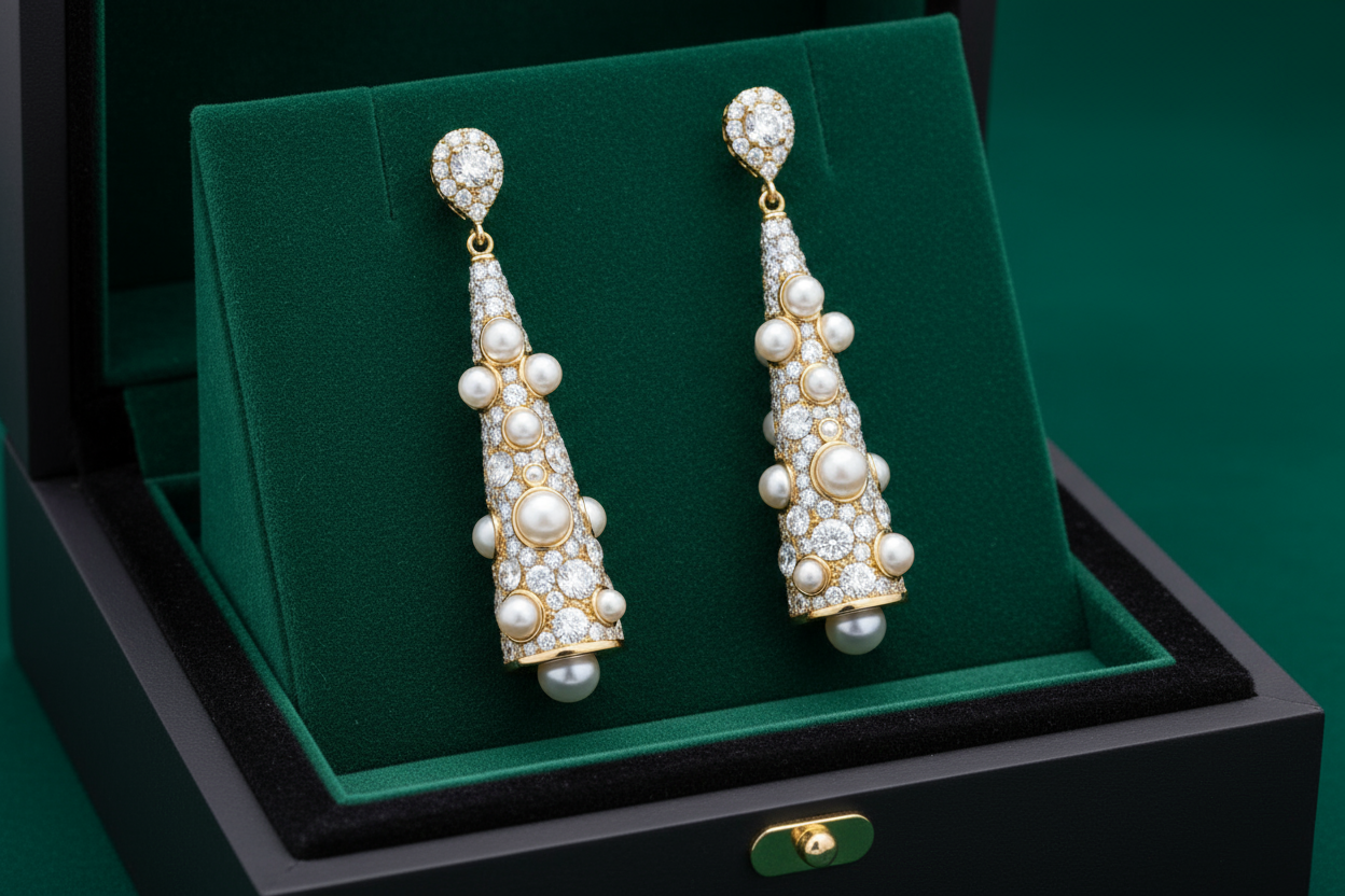 regenerate earrings in a cone shape dangle for 8 inches in diamonds and pearl and gold